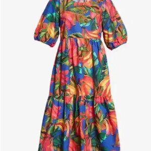 NWT FARM Rio Banana Mix Puff Sleeve Midi Dress
